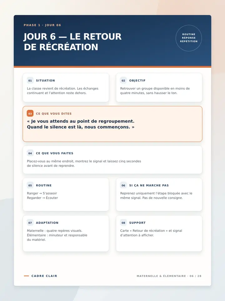 Fiche quotidienne CADRE CLAIR organisée en huit blocs pratiques