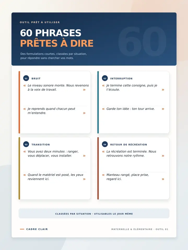 Carte de phrases prêtes à dire dans les situations de classe