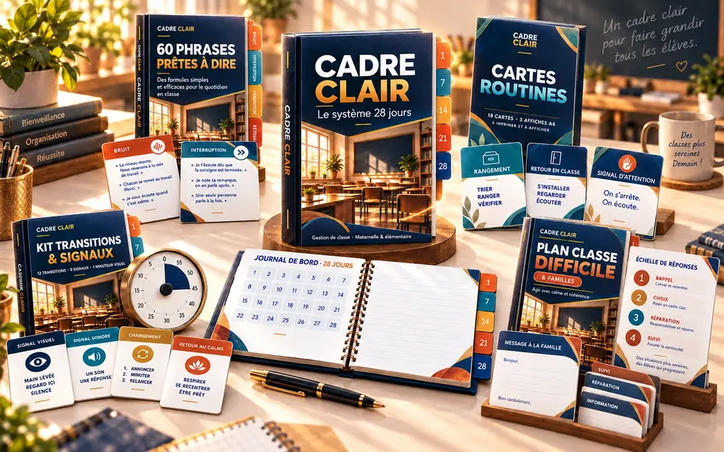 Vue d’ensemble du pack complet CADRE CLAIR avec le manuel et les quatre outils inclus